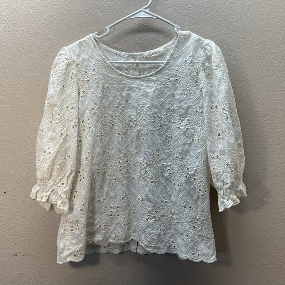 Solitaire Womens Cream Floral Embroidered Boho Peasant Eyelet 3/4 Sleeve Top L - Picture 1 of 5